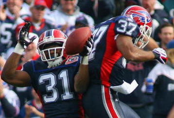 ORCHARD PARK, NY - NOVEMBER 01:  Jairus Byrd #31 and George Wilson #37 of the Buffalo Bills celebrate during the game against the Houston Texans at Ralph Wilson Stadium on November 1, 2009 in Orchard Park, New York. Houston won 31-10. (Photo by Rick Stewart/Getty Images)