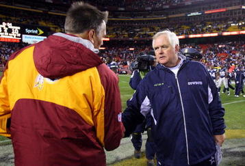 LANDOVER, MD - NOVEMBER 16:  Head coach Wade Phillips (R) of the Dallas Cowboys shakes hands Jim Zorn head coach of the Washington Redskins after their game with during their game on November 16, 2008 at FedEx Field in Landover, Maryland.  (Photo by Jim McIsaac/Getty Images)