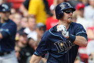 BOSTON - SEPTEMBER 13:  Ben Zobrist #18 of the Tampa Bay Rays gets a hit against the Boston Red Sox on September 8, 2009 at Fenway Park in Boston, Massachusetts.  (Photo by Elsa/Getty Images)
