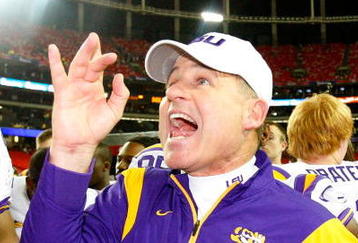 ATLANTA - DECEMBER 31:  Head coach Les Miles of the LSU Tigers celebrates after a 38-3 win over the Georgia Tech Yellow Jackets in the Chick-fil-A Bowl on December 31, 2008 at the Georgia Dome in Atlanta, Georgia.  (Photo by Kevin C. Cox/Getty Images)