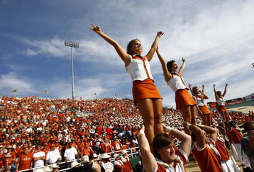 WACO, TX - NOVEMBER 14:  Texas Longhorn cheerleaders cheer on their team during the second half as the Longhorns take on the Baylor Bears on November 14, 2009 at Floyd Casey Stadium in Waco, Texas.  The Longhorns beat the Bears 47-14.  (Photo by Tom Pennington/Getty Images)