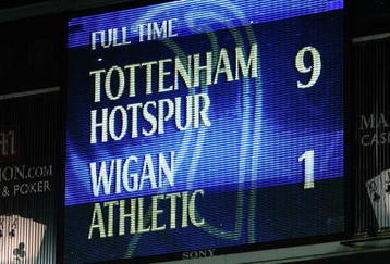 LONDON, ENGLAND - NOVEMBER 22:  The scoreboard shows the 9-1 scoreline after the Barclays Premier League match between Tottenham Hotspur and Wigan Athletic at White Hart Lane on November 22, 2009 in London, England.  (Photo by Clive Rose/Getty Images)