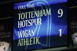 LONDON, ENGLAND - NOVEMBER 22:  The scoreboard shows the 9-1 scoreline after the Barclays Premier League match between Tottenham Hotspur and Wigan Athletic at White Hart Lane on November 22, 2009 in London, England.  (Photo by Clive Rose/Getty Images)