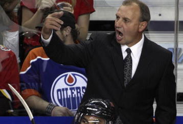CALGARY, CANADA - SEPTEMBER 15: Head coach Brent Sutter of the Calgary Flames yells from the bench during the third period against the Edmonton Oilers in NHL preseason action on September 15, 2009 at the Pengrowth Saddledome in Calgary, Alberta, Canada. (Photo by Mike Ridewood/Getty Images)