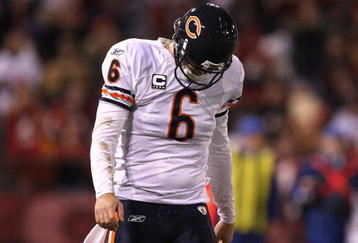 SAN FRANCISCO - NOVEMBER 12:  Jay Cutler #6 of the Chicago Bears walks off the field against the San Francisco 49ers at Candlestick Park on November 12, 2009 in San Francisco, California. The 49ers won 10-6.  (Photo by Jed Jacobsohn/Getty Images)