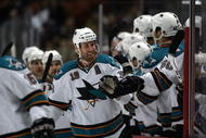 ANAHEIM, CA - NOVEMBER 21:  Joe Thornton #19 of the San Jose Sharks skates by the Sharks bench to celebrate with his teammates after scoring his third period eventual game-winning goal against the Anaheim Ducks during the NHL game at the Honda Center on November 21, 2009 in Anaheim, California. The Sharks defeated the Ducks 3-2.  (Photo by Victor Decolongon/Getty Images)