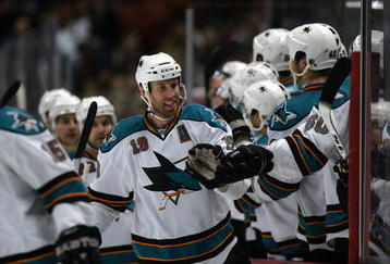 ANAHEIM, CA - NOVEMBER 21:  Joe Thornton #19 of the San Jose Sharks skates by the Sharks bench to celebrate with his teammates after scoring his third period eventual game-winning goal against the Anaheim Ducks during the NHL game at the Honda Center on November 21, 2009 in Anaheim, California. The Sharks defeated the Ducks 3-2.  (Photo by Victor Decolongon/Getty Images)