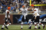 DETROIT, MI - NOVEMBER 22: Brady Quinn #10 of the Cleveland Browns celebrates with teammates after throwing a touchdown pass in the first half against the Detroit Lions at Ford Field on November 22, 2009 in Detroit, Michigan. (Photo by Joe Robbins/Getty Images)