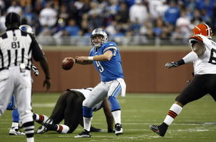 DETROIT, MI - NOVEMBER 22: Matthew Stafford #9 of the Detroit Lions passes the football against the Cleveland Browns at Ford Field on November 22, 2009 in Detroit, Michigan. Pass interference was called on the pass as time expired, giving the Lions one last play. The Lions came from behind to defeat the Browns 38-37. (Photo by Joe Robbins/Getty Images)