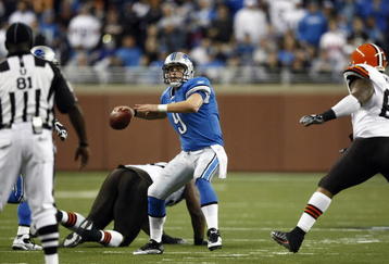 DETROIT, MI - NOVEMBER 22: Matthew Stafford #9 of the Detroit Lions passes the football against the Cleveland Browns at Ford Field on November 22, 2009 in Detroit, Michigan. Pass interference was called on the pass as time expired, giving the Lions one last play. The Lions came from behind to defeat the Browns 38-37. (Photo by Joe Robbins/Getty Images)