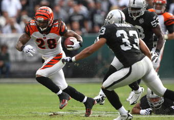 OAKLAND, CA - NOVEMBER 22: Bernard Scott #28 of the Cincinnati Bengals runs against Tyvon Branch #33 of the Oakland Raiders during an NFL game at Oakland-Alameda County Coliseum on November 22, 2009 in Oakland, California.  (Photo by Jed Jacobsohn/Getty Images)