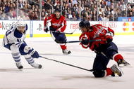 TORONTO - NOVEMBER 21:  Nikolai Kulemin #41 of the Toronto Maple Leafs tries to block the shot of Alex Ovechkin #8 of the Washington Capitals during game action November 21, 2009 at the Air Canada Centre in Toronto, Ontario, Canada. (Photo by Abelimages/Getty Images)