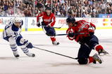 TORONTO - NOVEMBER 21:  Nikolai Kulemin #41 of the Toronto Maple Leafs tries to block the shot of Alex Ovechkin #8 of the Washington Capitals during game action November 21, 2009 at the Air Canada Centre in Toronto, Ontario, Canada. (Photo by Abelimages/Getty Images)