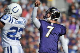 BALTIMORE - NOVEMBER 22:  Billy Cundiff #7 of the Baltimore Ravens celebrates one of his five field goals against the Indianapolis Colts at M&T Bank Stadium on November 22, 2009 in Baltimore, Maryland. The Colts defeated the Ravens 17-15. (Photo by Larry French/Getty Images)