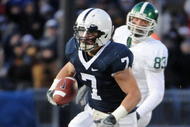 STATE COLLEGE - NOVEMBER 22:  Anthony Scirrotto #7 of the Penn State Nittany Lions returns an interception in front of Charlie Gantt #83 of the Michigan State Spartans on November 22, 2008 at Beaver Stadium in State College, Pennsylvania.  (Photo by Joe Sargent/Getty Images)