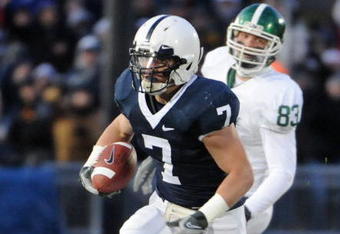 STATE COLLEGE - NOVEMBER 22:  Anthony Scirrotto #7 of the Penn State Nittany Lions returns an interception in front of Charlie Gantt #83 of the Michigan State Spartans on November 22, 2008 at Beaver Stadium in State College, Pennsylvania.  (Photo by Joe Sargent/Getty Images)