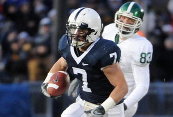 STATE COLLEGE - NOVEMBER 22:  Anthony Scirrotto #7 of the Penn State Nittany Lions returns an interception in front of Charlie Gantt #83 of the Michigan State Spartans on November 22, 2008 at Beaver Stadium in State College, Pennsylvania.  (Photo by Joe Sargent/Getty Images)