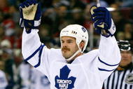 RALEIGH, NC - JANUARY 15:  Ian White #7 of the Toronto Maple Leafs reacts after scoring a goal against the Carolina Hurricanes on January 15, 2009 at RBC Center in Raleigh, North Carolina.  (Photo by Kevin C. Cox/Getty Images)