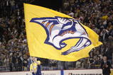 NASHVILLE - APRIL 13:  A Nashville Predators flag is paraded around the rink during a break in game four of the first round of the  2004 Stanley Cup playoffs against the Detroit Red Wings on April 13, 2004 at the Gaylord Center in Nashville, Tennessee. (Photo by Brian Bahr/Getty Images)