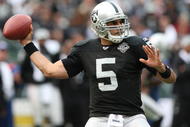 OAKLAND, CA - NOVEMBER 22:  Bruce Gradkowski #5 of the Oakland Raiders passes agaisnt the Cincinnati Bengals during an NFL game at Oakland-Alameda County Coliseum on November 22, 2009 in Oakland, California.  (Photo by Jed Jacobsohn/Getty Images)