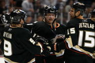 ANAHEIM, CA - NOVEMBER 03:  (L-R) Bobby Ryan #9, Corey Perry #10, Ryan Getzlaf #15  and Scott Niedermayer #27 of the Anaheim Ducks celebrate Perry's first-period goal against the Pittsburgh Penguins at the Honda Center on November 3, 2009 in Anaheim, California.  (Photo by Jeff Gross/Getty Images)
