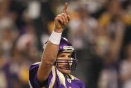 MINNEAPOLIS - NOVEMBER 22: Brett Favre #4 of the Minnesota Vikings celebrates a touchdown against the Seattle Seahawks at Hubert H. Humphrey Metrodome on November 22, 2009 in Minneapolis, Minnesota.  (Photo by Nick Laham/Getty Images)