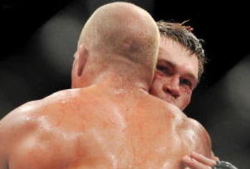 LAS VEGAS - NOVEMBER 21:  Tito Ortiz and Forrest Griffin congratulate each other after Griffin wins their Light Heavyweight Fight at the UFC 106 at Mandalay Bay Events Center on November 21, 2009 in Las Vegas, Nevada. (Photo by Jon Kopaloff/Getty Images)