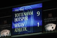 LONDON, ENGLAND - NOVEMBER 22:  The scoreboard shows the 9-1 scoreline after the Barclays Premier League match between Tottenham Hotspur and Wigan Athletic at White Hart Lane on November 22, 2009 in London, England.  (Photo by Clive Rose/Getty Images)