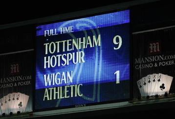 LONDON, ENGLAND - NOVEMBER 22:  The scoreboard shows the 9-1 scoreline after the Barclays Premier League match between Tottenham Hotspur and Wigan Athletic at White Hart Lane on November 22, 2009 in London, England.  (Photo by Clive Rose/Getty Images)