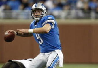 DETROIT, MI - NOVEMBER 22: Matthew Stafford #9 of the Detroit Lions passes the football against the Cleveland Browns at Ford Field on November 22, 2009 in Detroit, Michigan. Pass interference was called on the pass as time expired, giving the Lions one last play. The Lions came from behind to defeat the Browns 38-37. (Photo by Joe Robbins/Getty Images)