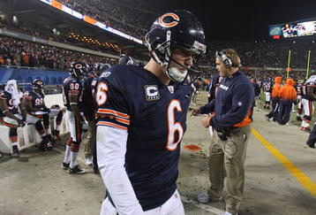 CHICAGO - NOVEMBER 22: Jay Cutler #6 of the Chicago Bears prepares to enter the field for the last offensive series for the Bears against the Philadelphia Eagles at Soldier Field on November 22, 2009 in Chicago, Illinois. The Eagles defeated the Bears 24-20. (Photo by Jonathan Daniel/Getty Images)