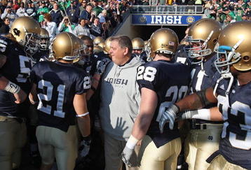 SOUTH BEND, IN - NOVEMBER 21: Head coach Charlie Weis of the Notre Dame Fighting Irish stands with his team before lining up to enter the field for a game against the University of Connecticut Huskies at Notre Dame Stadium on November 21, 2009 in South Bend, Indiana. (Photo by Jonathan Daniel/Getty Images)
