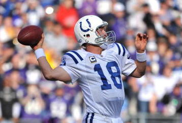 BALTIMORE - NOVEMBER 22:  Peyton Manning #18 of the Indianapolis Colts passes against the Baltimore Ravens at M&T Bank Stadium on November 22, 2009 in Baltimore, Maryland. The Colts defeated the Ravens 17-15. (Photo by Larry French/Getty Images)