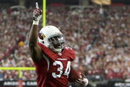 GLENDALE, AZ - JANUARY 03: Runningback Tim Hightower #34 of the Arizona Cardinals celebrates after scoring a 4 yard rushing touchdown against the Atlanta Falcons during the third quarter of the NFC Wild Card Game on January 3, 2009 at University of Phoenix Stadium in Glendale, Arizona. (Photo by Jed Jacobsohn/Getty Images)
