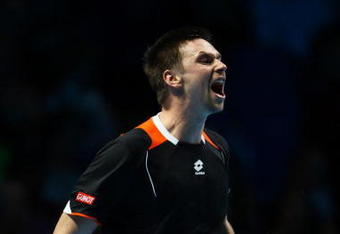LONDON, ENGLAND - NOVEMBER 23:  Robin Soderling of Sweden celebrates the match during the men's singles first round match against Rafael Nadal of Spain during the Barclays ATP World Tour Finals at the O2 Arena on November 23, 2009 in London, England.  (Photo by Julian Finney/Getty Images)