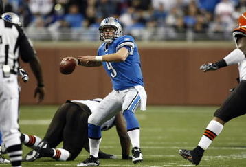 DETROIT, MI - NOVEMBER 22: Matthew Stafford #9 of the Detroit Lions passes the football against the Cleveland Browns at Ford Field on November 22, 2009 in Detroit, Michigan. Pass interference was called on the pass as time expired, giving the Lions one last play. The Lions came from behind to defeat the Browns 38-37. (Photo by Joe Robbins/Getty Images)