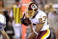 CANTON, OH - AUGUST 3:  Running back Marcus Mason #23 of the Washington Redskins rushes upfield against the Indianapolis Colts in the Pro Football Hall of Fame Game at Fawcett Stadium on August 3, 2008 in Canton, Ohio.   (Photo by Al Messerschmidt/Getty Images)