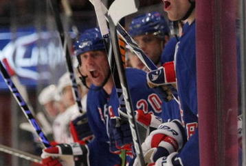 NEW YORK - NOVEMBER 17: (L-R) Vaclav Prospal #20 and Marc Staal #18 of the New York Rangers yell from the bench during their game against the Washington Capitals at Madison Square Garden on November 17, 2009 in New York, New York.  (Photo by Bruce Bennett/Getty Images)
