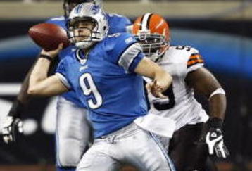 DETROIT, MI - NOVEMBER 22: Matthew Stafford #9 of the Detroit Lions passes the football while under pressure against the Cleveland Browns at Ford Field on November 22, 2009 in Detroit, Michigan. The Lions came from behind to defeat the Browns 38-37. (Photo by Joe Robbins/Getty Images)