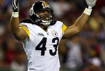 TAMPA, FL - FEBRUARY 01:  Troy Polamalu #43 of the Pittsburgh Steelers gestures on the field against the Arizona Cardinals during Super Bowl XLIII on February 1, 2009 at Raymond James Stadium in Tampa, Florida.  (Photo by Jamie Squire/Getty Images)