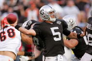 OAKLAND, CA - NOVEMBER 22: Bruce Gradkowski #5 of the Oakland Raiders throws the ball during their game against the Cincinnati Bengals at Oakland-Alameda County Coliseum on November 22, 2009 in Oakland, California. (Photo by Ezra Shaw/Getty Images)