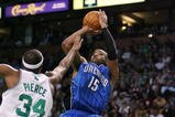 BOSTON - NOVEMBER 20: Vince Carter #15 of the Orlando Magic shoots a jump shot over Paul Pierce #34 of the Boston Celtics during the game on November 20, 2009 at the TD Garden in Boston, Massachusetts. NOTE TO USER: User expressly acknowledges and agrees that, by downloading and or using this photograph, User is consenting to the terms and conditions of the Getty Images License Agreement.  (Photo by Elsa/Getty Images)