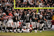 OAKLAND, CA - NOVEMBER 22:  Sebastian Janikowski #11 of the Oakland Raiders celebrates after he kicked the winning field goal with less than a minute to play against the Cincinnati Bengals at Oakland-Alameda County Coliseum on November 22, 2009 in Oakland, California.  (Photo by Ezra Shaw/Getty Images)