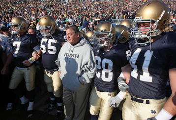 SOUTH BEND, IN - NOVEMBER 21: Head coach Charlie Weis of the Notre Dame Fighting Irish waits to enter the field with (L-R) Jimmy Clausen #7, Eric Olsen #55, Kyle McCarthy #28 and Scott Smith #41 before a game against the University of Connecticut Huskies at Notre Dame Stadium on November 21, 2009 in South Bend, Indiana. (Photo by Jonathan Daniel/Getty Images)