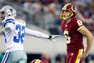 ARLINGTON, TX - NOVEMBER 22:  Kicker Shaun Suisham #6 of the Washington Redskins reacts after missing his second field goal in front of Orlando Scandrick #32 the Dallas Cowboys at Cowboys Stadium on November 22, 2009 in Arlington, Texas.  (Photo by Ronald Martinez/Getty Images)
