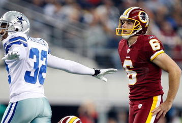 ARLINGTON, TX - NOVEMBER 22:  Kicker Shaun Suisham #6 of the Washington Redskins reacts after missing his second field goal in front of Orlando Scandrick #32 the Dallas Cowboys at Cowboys Stadium on November 22, 2009 in Arlington, Texas.  (Photo by Ronald Martinez/Getty Images)
