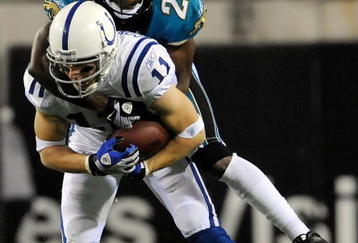 JACKSONVILLE, FL - DECEMBER 18:  Anthony Gonzalez #11 of the Indianapolis Colts is tackled by Drayton Florence #21 of the Jacksonville Jaguars during the game at Jacksonville Municipal Stadium on December 18, 2008 in Jacksonville, Florida.  (Photo by Sam Greenwood/Getty Images)