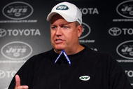 FLORHAM PARK, NJ - MAY 02:  Head coach Rex Ryan of the New York Jets speaks to the media during minicamp on May 2, 2009 at the Atlantic Health Jets Training Center in Florham Park, New Jersey.  (Photo by Jim McIsaac/Getty Images)