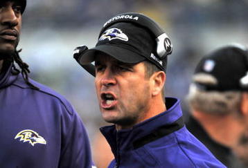 BALTIMORE - NOVEMBER 22:  Head coach John Harbaugh of the Baltimore Ravens yells at a player during the game against the Indianapolis Colts at M&T Bank Stadium on November 22, 2009 in Baltimore, Maryland. The Colts defeated the Ravens 17-15. (Photo by Larry French/Getty Images)