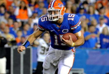 GAINESVILLE, FL - NOVEMBER 7: Quarterback Tim Tebow #15 of the Florida Gators rushes upfield against the Vanderbilt Commodores  on November 7, 2009 at Ben Hill Griffin Stadium in Gainesville, Florida.  (Photo by Al Messerschmidt/Getty Images) 